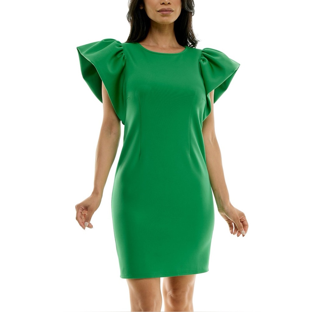 Nina Leonard Vibrant Green Ruffle Sleeve Dress